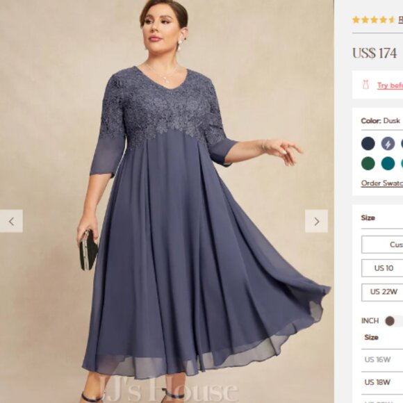 JJs House 18W Dusk Chiffon Lace Beaded Empire Waist Tea Length 3/4 Sleeve Gown - Picture 2 of 15